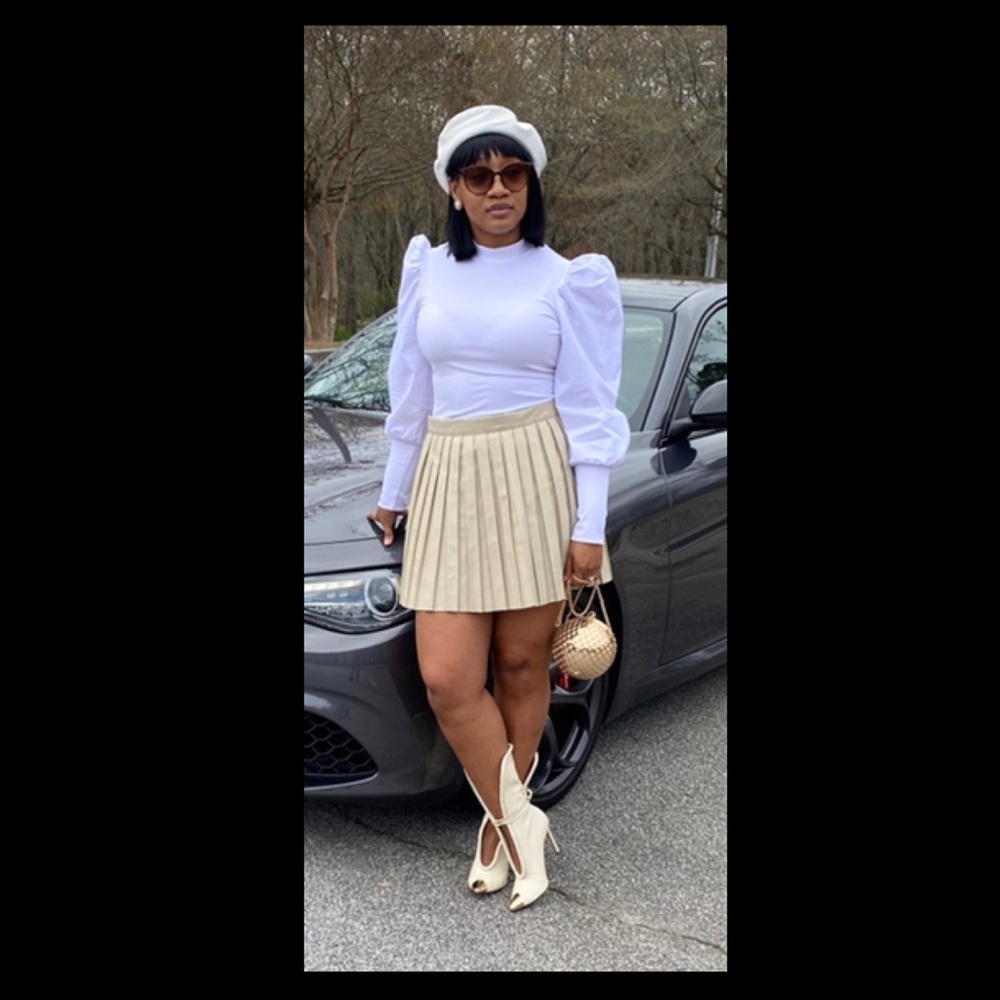 Stone Pleated Faux Leather Skirt